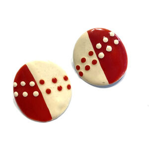 Vintage Clip On Earrings Red & White Enamel on Metal Rounds Mod 1960's Fashion